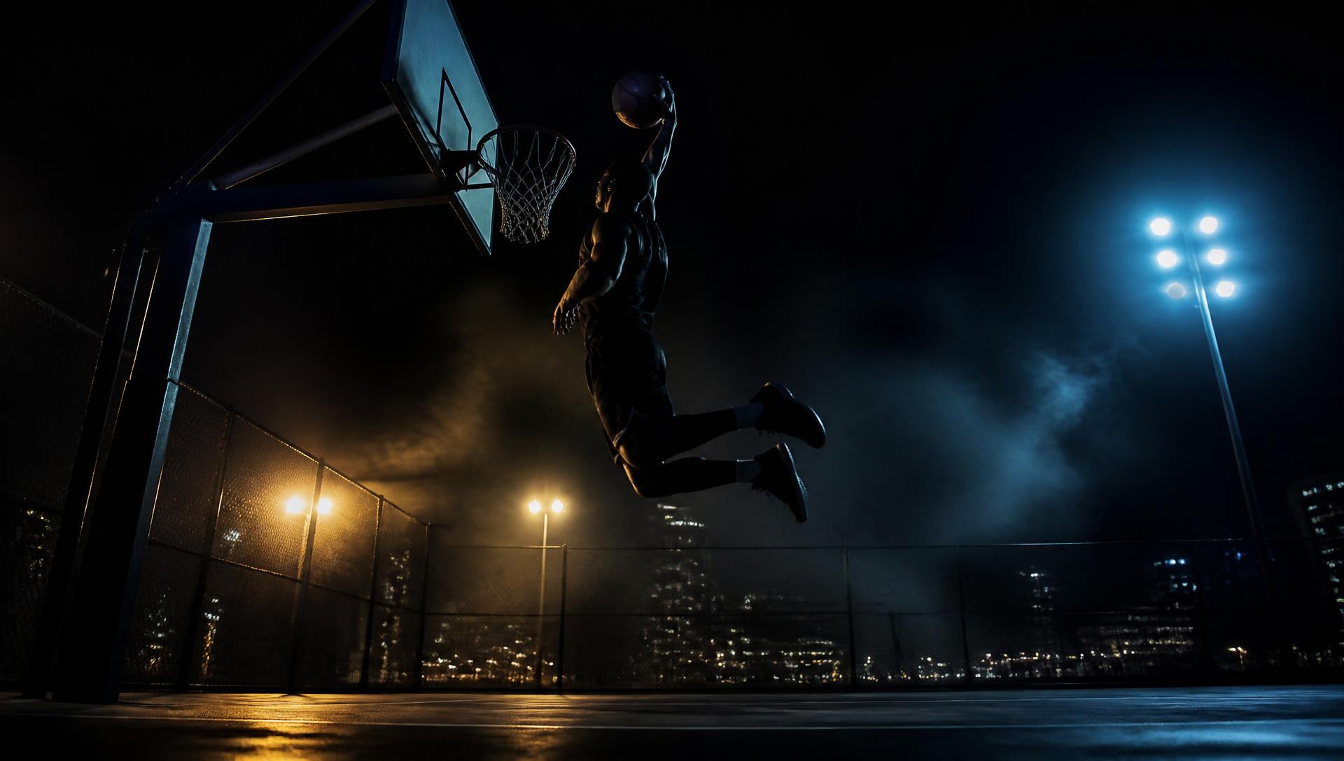 Player dunking on a floodlit night court